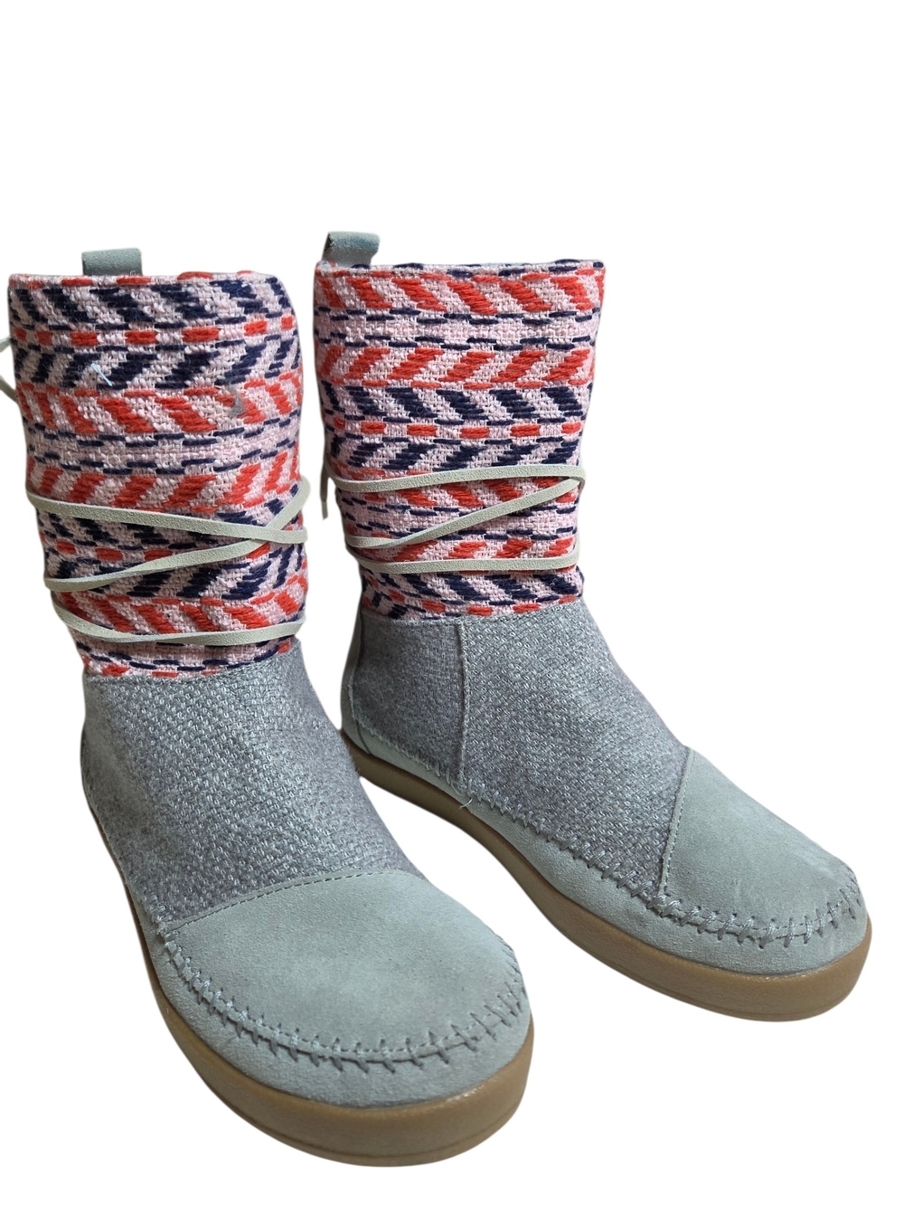 TOMS Grey & Pink Aztec Woven Wrap Tie Boots Size 7.5